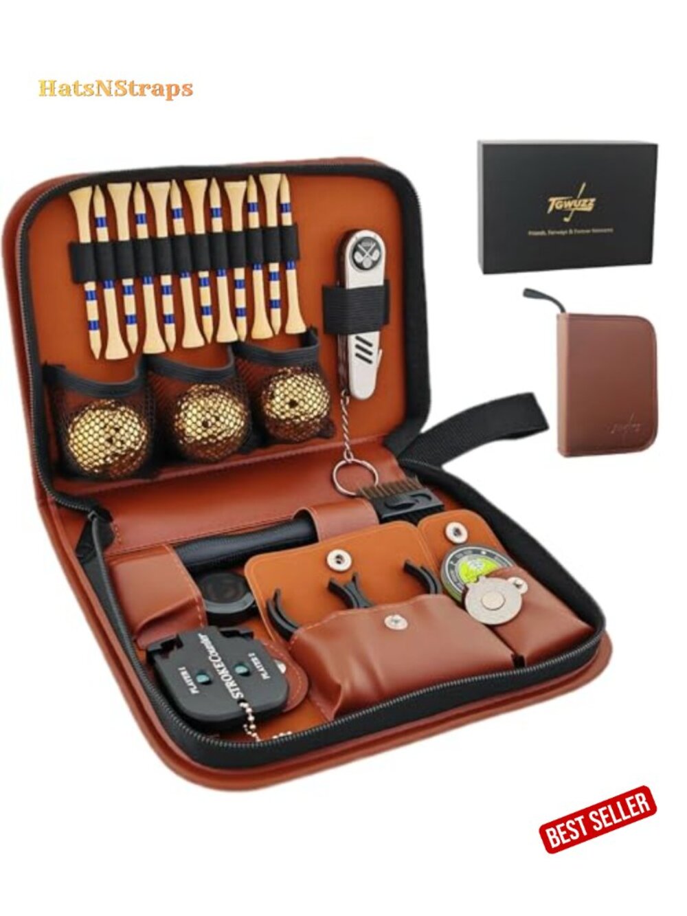 Golf Accessories Gift Set with Leather Case, 3 Golf Balls, 12 Tees, Divot Tool